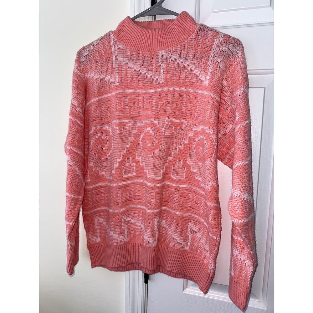 Jolie Coral Geometric Knit‎ Mock Neck Sweater Women M Made in USA Vintage